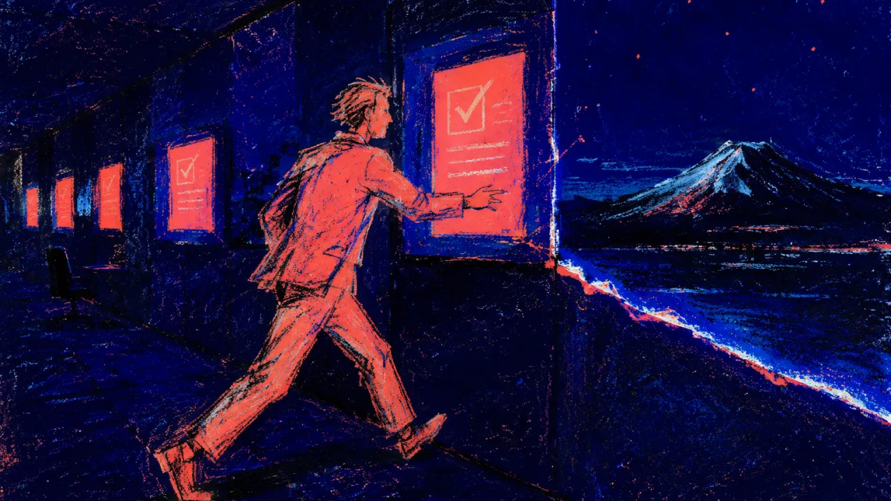 A figure strides through a dark office corridor as coral task windows loop around them and a cobalt mountain sits off-axis.