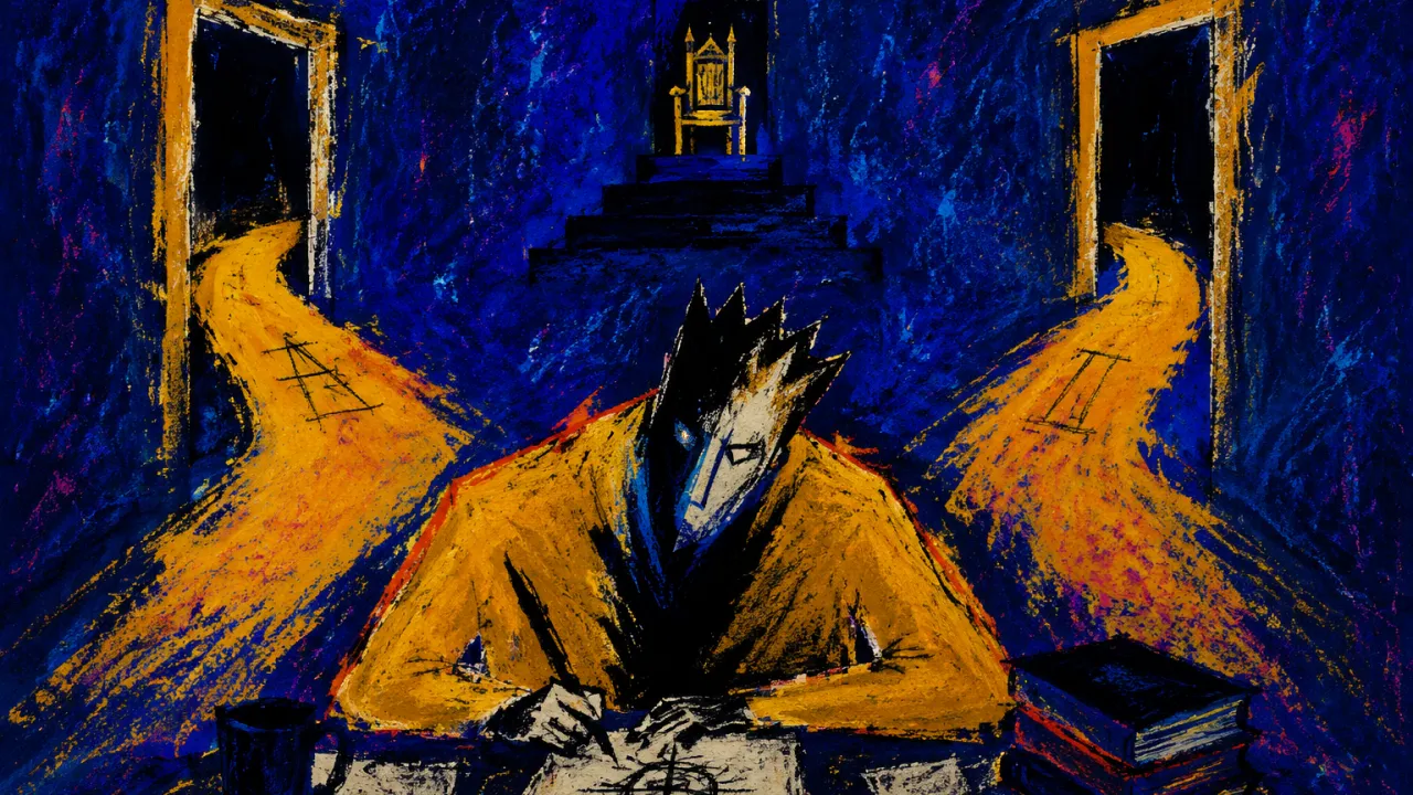 A seated figure between two open doorways, both paths bending toward one elevated chair in warm amber and cold indigo.