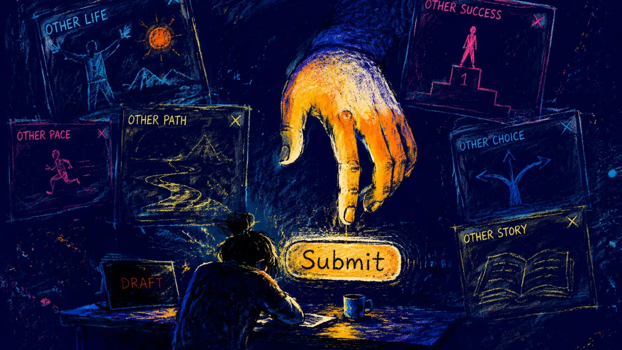 Enclosed in a Life of Drafts A seated figure at a midnight desk, windows forming walls, hand hovering above an amber button in indigo shadow.