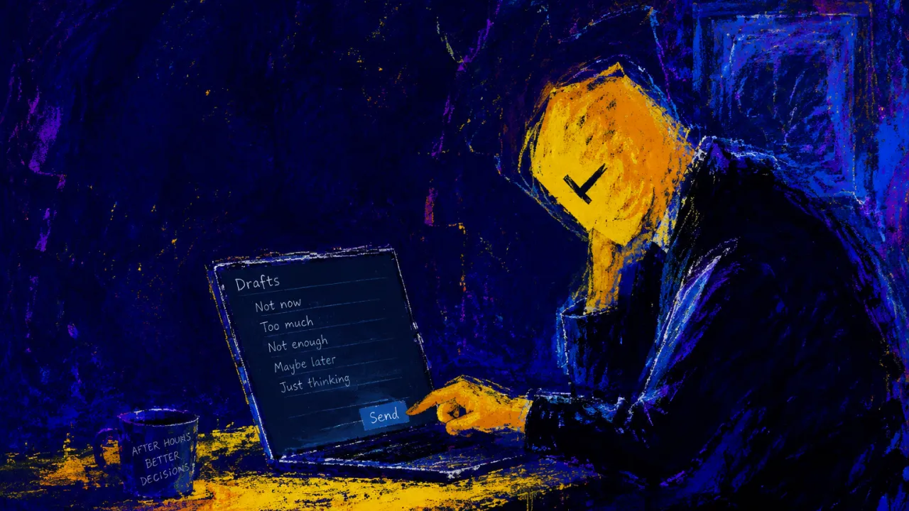 A figure sits in a doorless glass meeting room, hands above a laptop of unsent drafts, amber light meeting deep indigo.