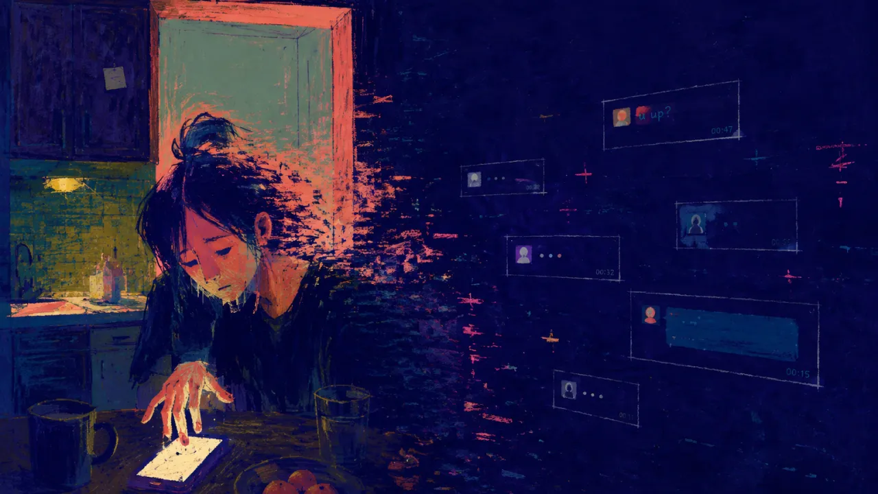 Past the Edge You Never Named A seated figure fades into indigo beside a glowing phone, coral-lit fingertips extending past a receding doorway frame.