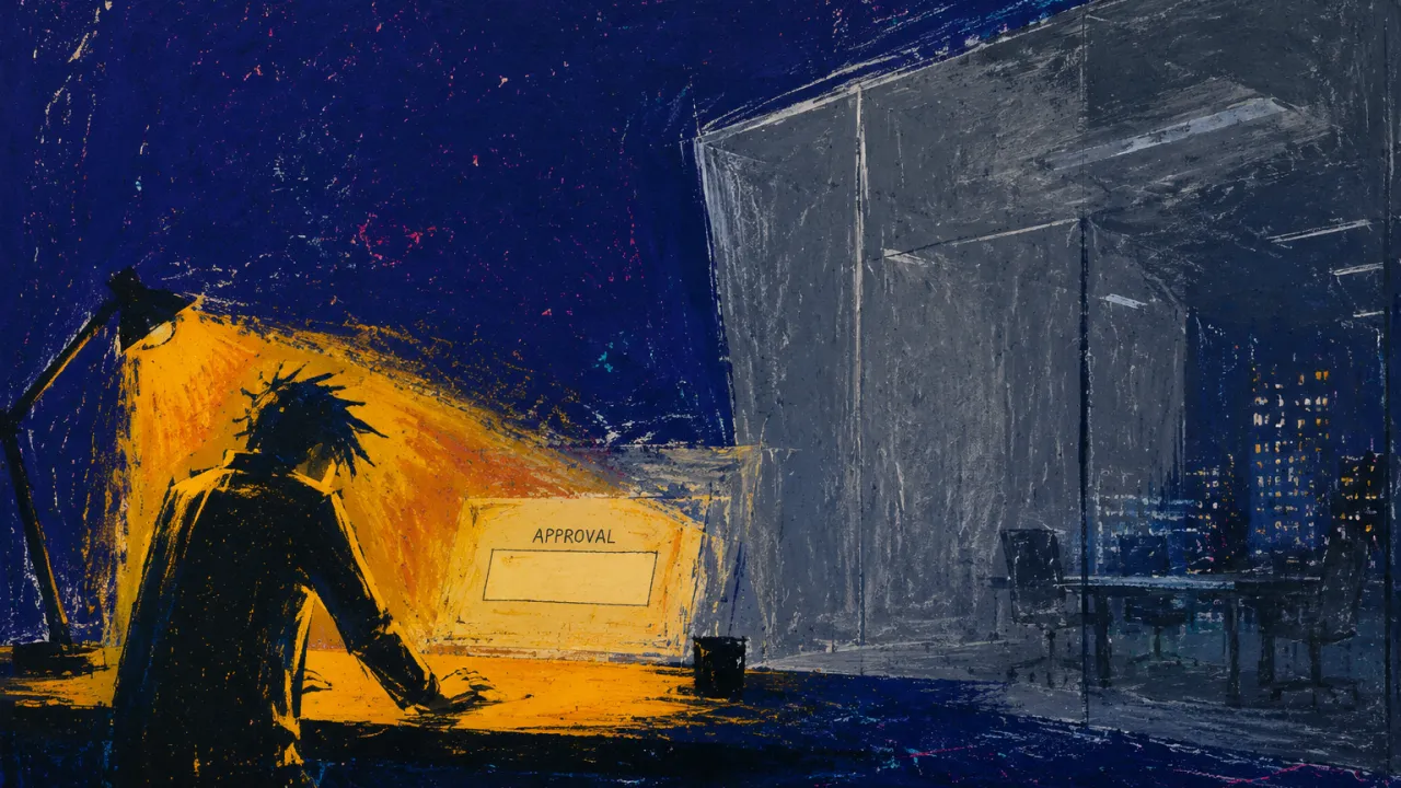 A figure in a doorless glass office rests both hands beside a blank approval screen as amber light meets grey-blue walls.