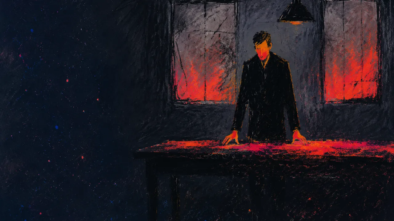 Composed While the Walls Hold Heat A figure in a doorless dining room, warm hands on a dark table, with ember-red smoke behind sealed grey windows.