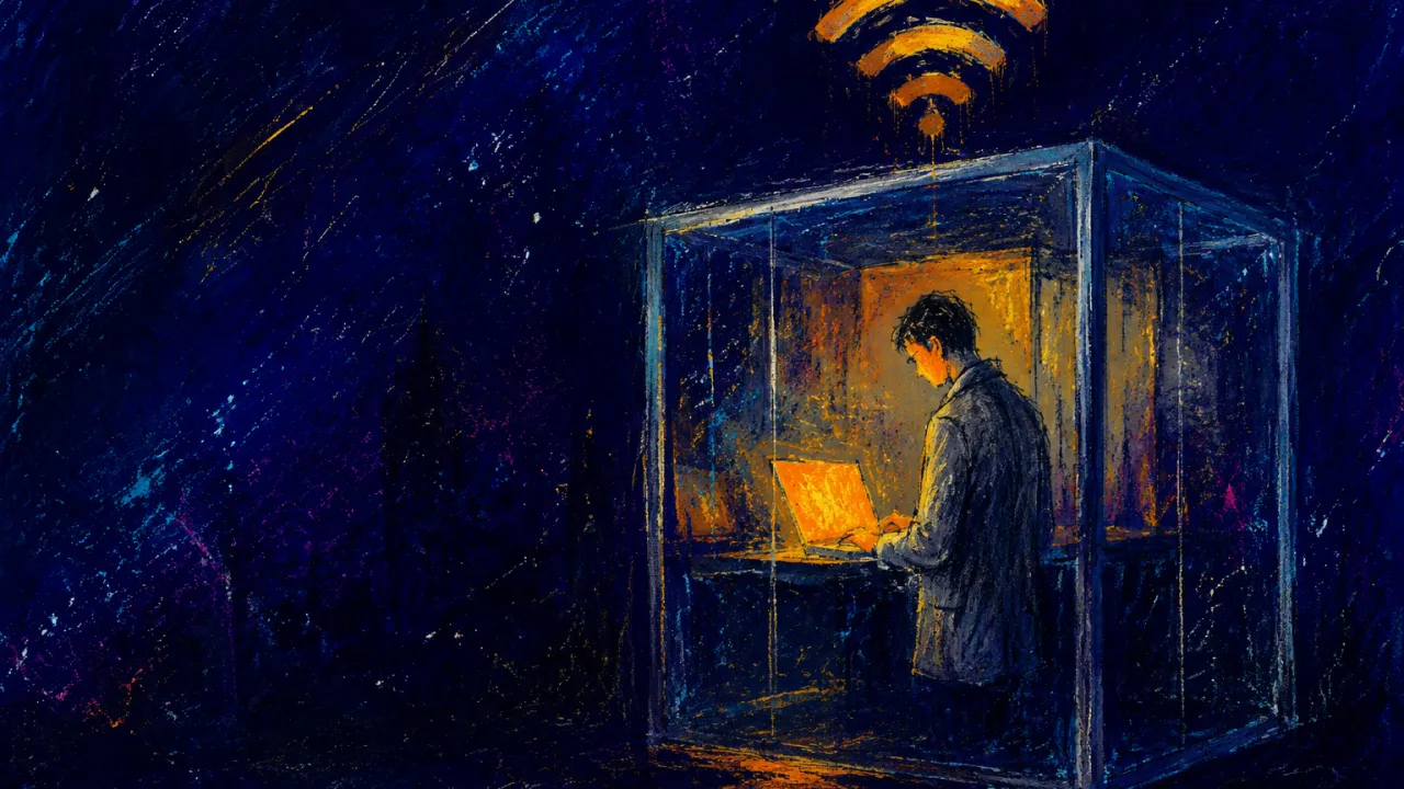 Visible light, unreachable person A lone figure in a transparent office cube, hands lit amber by a laptop as a grey coat fades into indigo shadow.