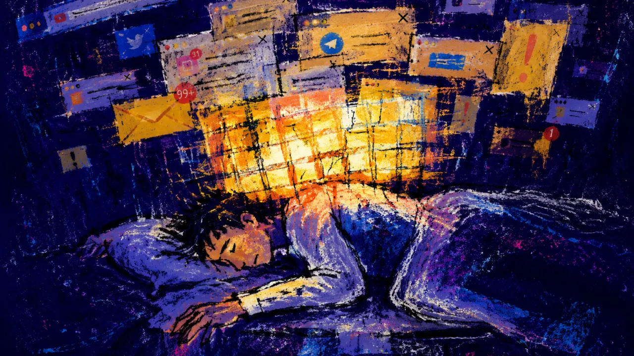 A figure pinned on a bed beneath floating browser tabs, raised shoulders lit in warm amber against cold indigo space.