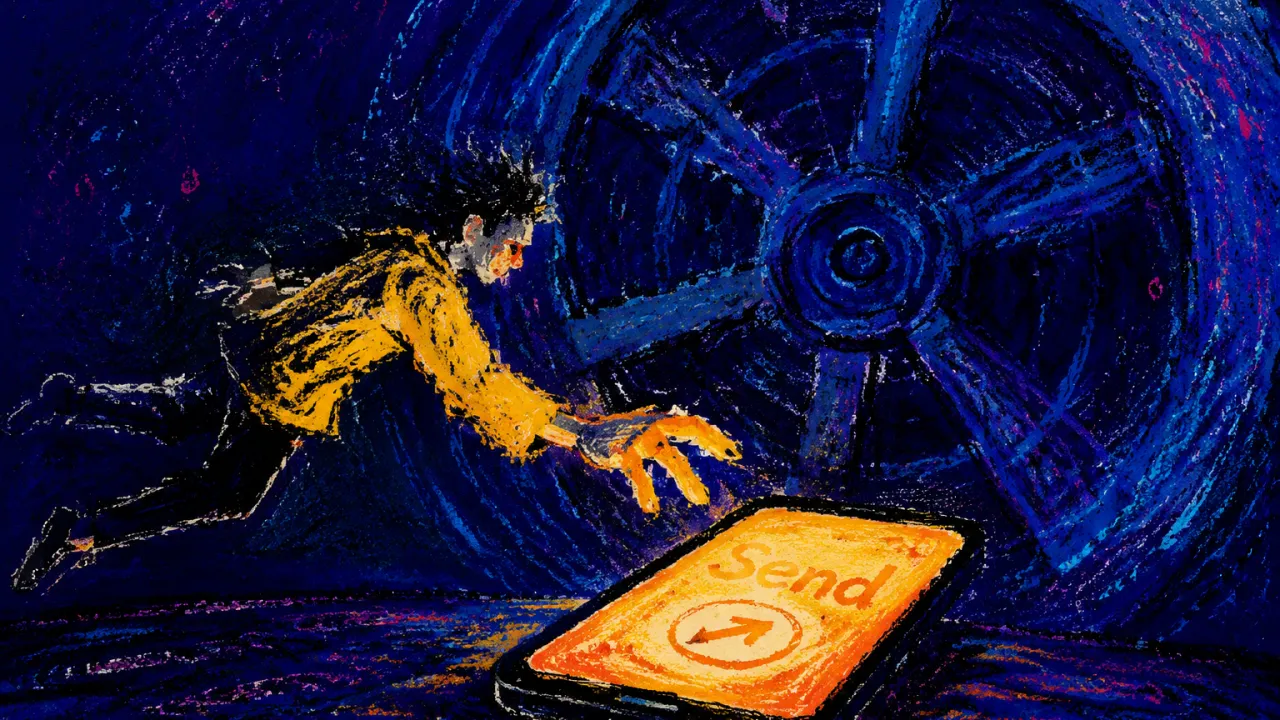 Your Move, the World Turns A suspended figure hovers beside a turning wheel, one hand above an amber Send icon as indigo bands rotate in darkness.