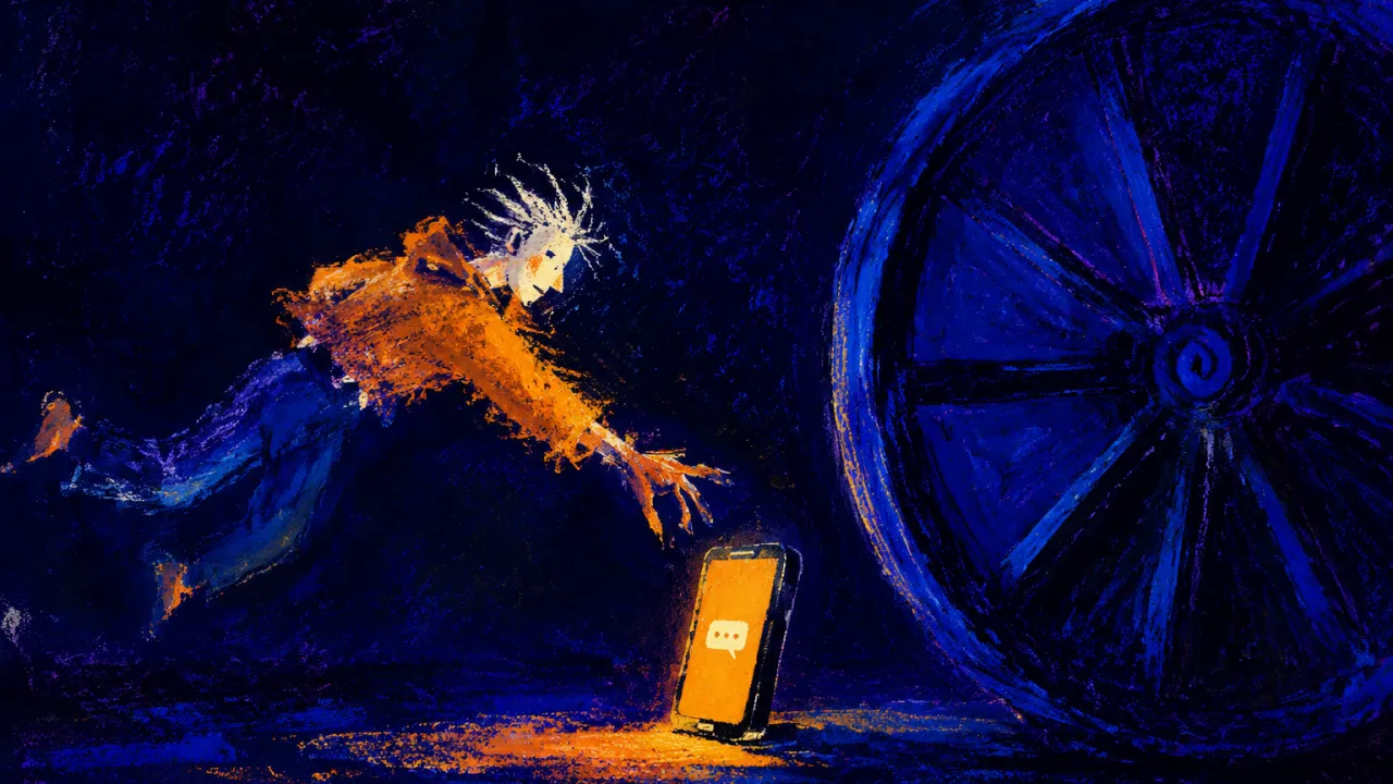 Suspended Between Sign and Choice A figure floats in a dark void, one hand above a glowing phone beneath a handleless cobalt wheel edged in amber.