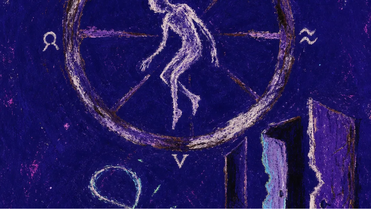 A figure suspended inside a dark turning wheel, phone glowing below, acid green light cutting into bruised violet space