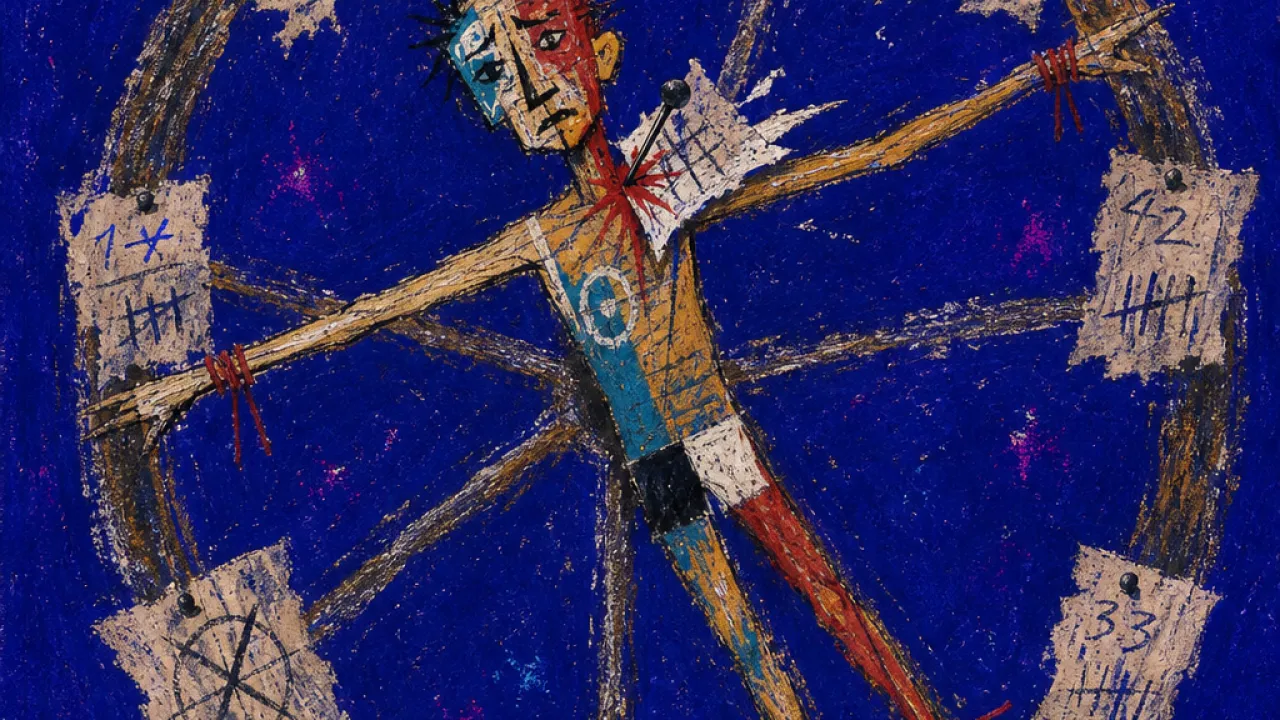 A figure suspended on a turning grade wheel, transcript pages pinned to the rim, cold blue split by exposed red.