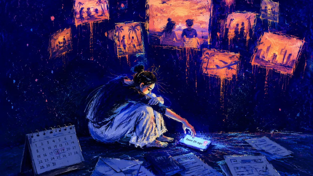 A figure floats in a dark apartment, rose-gold scenes overhead and unanswered messages, calendars, and documents below.