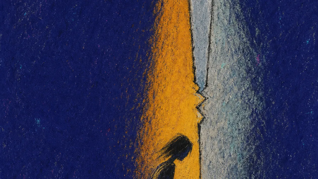 The Sentence You Cannot Send A suspended figure over an unsent message, a vertical blade splitting warm amber light from cold silver-blue darkness