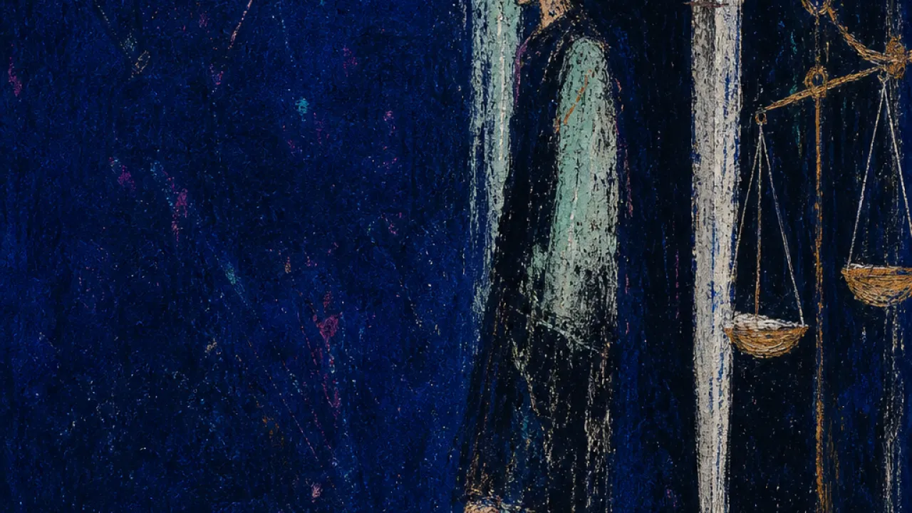 The Ending Never Lands A figure held at a dark doorway, one foot on the threshold, with a sword and suspended scales blocking passage