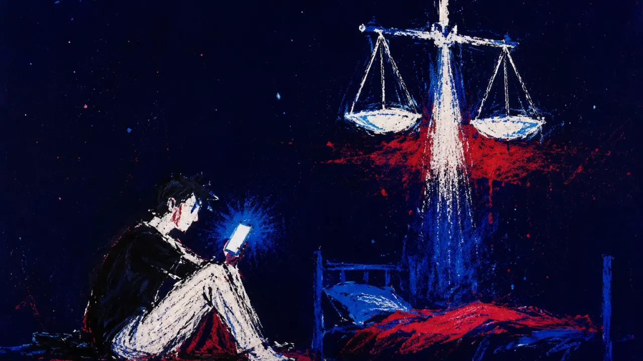 A figure seated in a doorless dark courtroom, suspended scales above a glowing phone, cold white split by bruised red