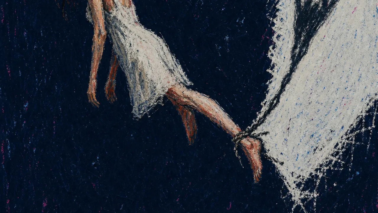 Suspended by the Pause A figure suspended above an open laptop by one tied ankle, warm skin fractured against cold white space and deep black shadow