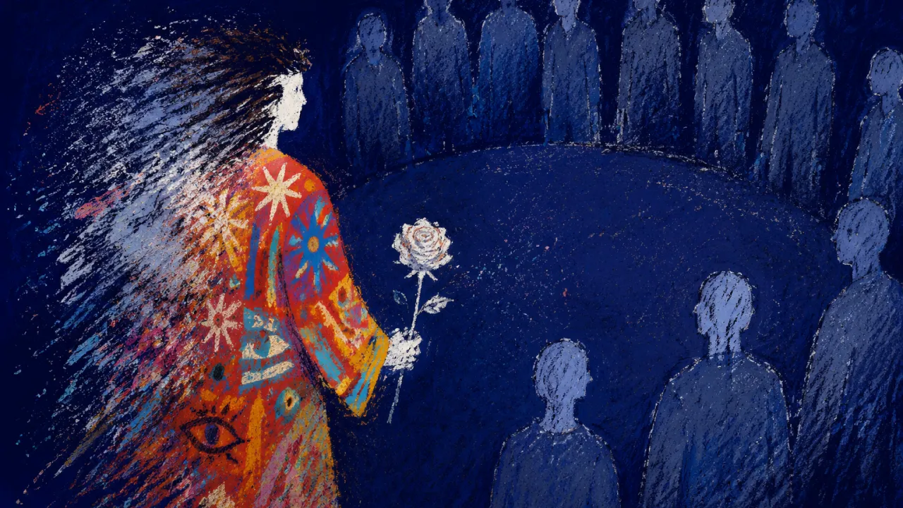 The self at the circle's edge Figure in a vivid patterned tunic holding a white rose at a group's edge, outline fading into blue-grey silhouettes.
