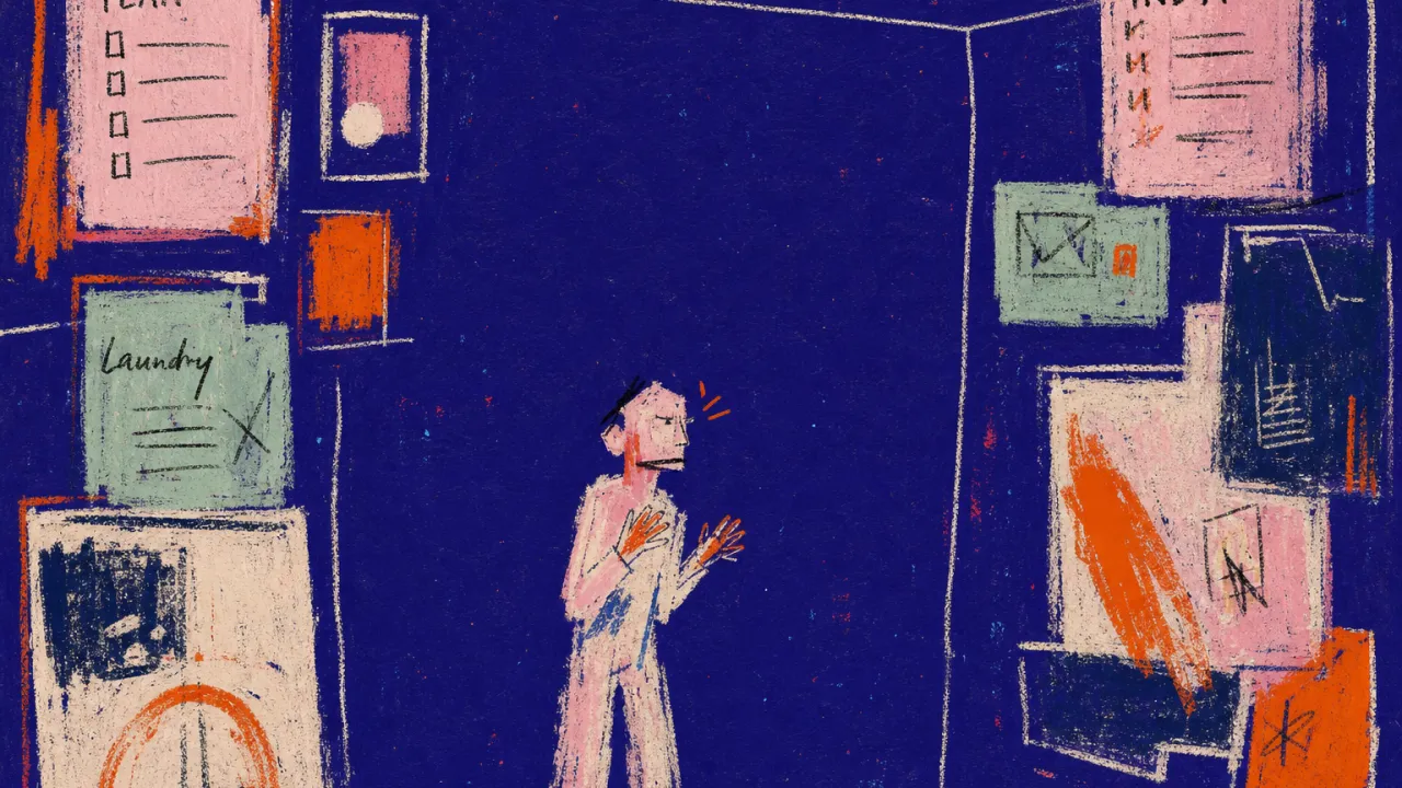 A figure in a doorless room crowded by a phone, planner, laundry, and inbox windows, rose-white cut by orange light