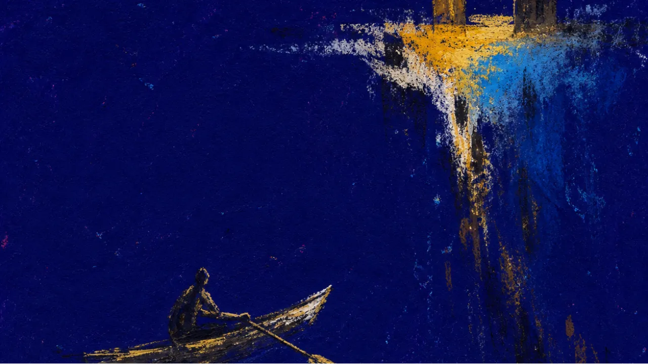 A figure in a narrow boat between pale shores, oar frozen mid-stroke, gold light split against cold blue water