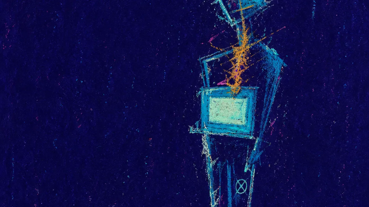 Trapped at the visible exit A figure suspended at the edge of a glowing chat circle, feet inside a closed ring, cyan light split by bruised amber.