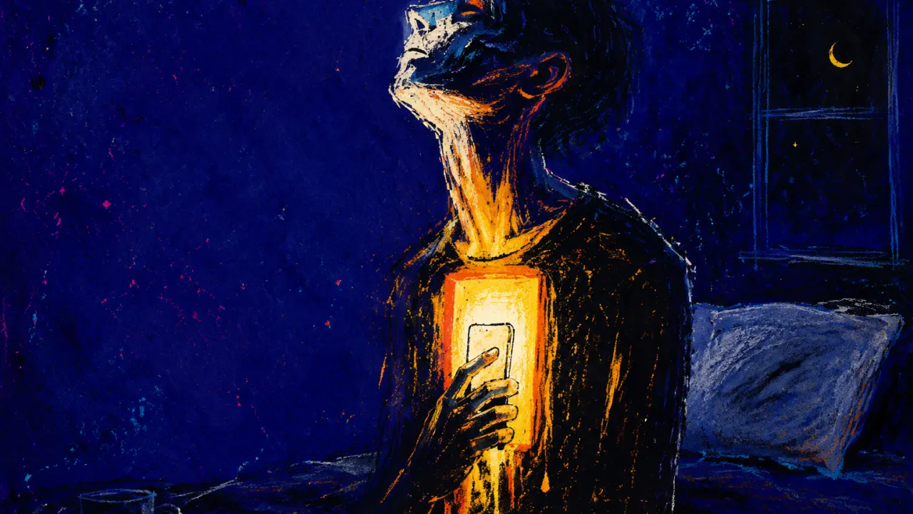 A hollow figure in a dark bedroom with phone light cutting through the chest, amber glow leaking into cold indigo space