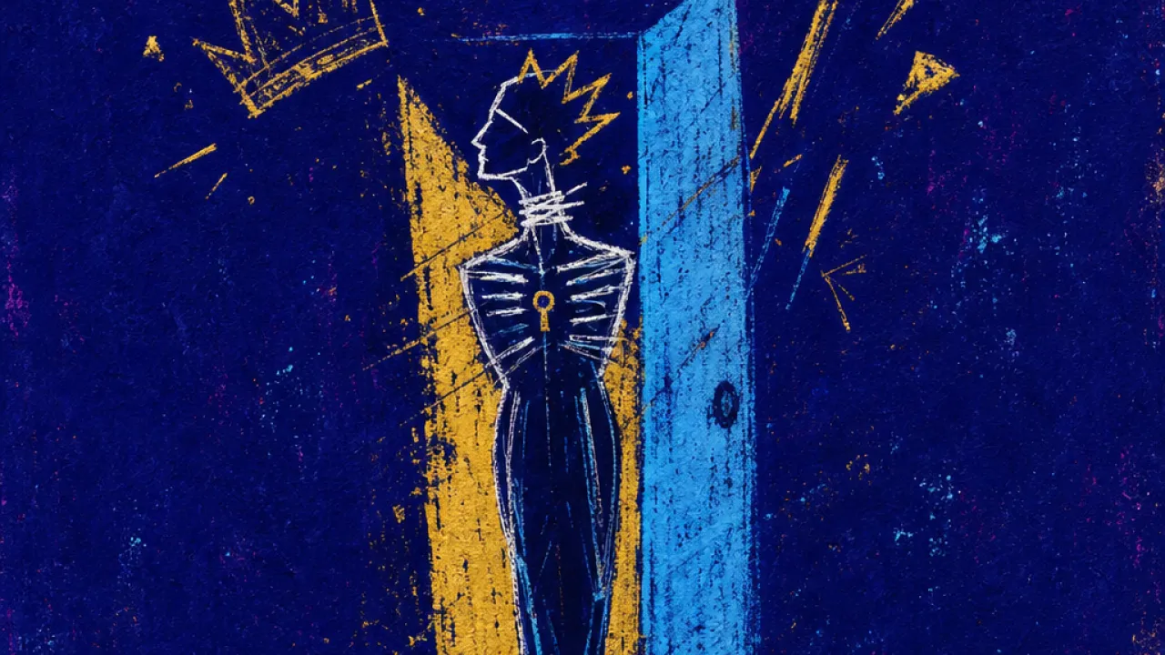 Facing Forward, Looking Away A figure paused in a half-open doorway beside a glowing phone, turned from a fallen crown and scepter in cold blue and gold