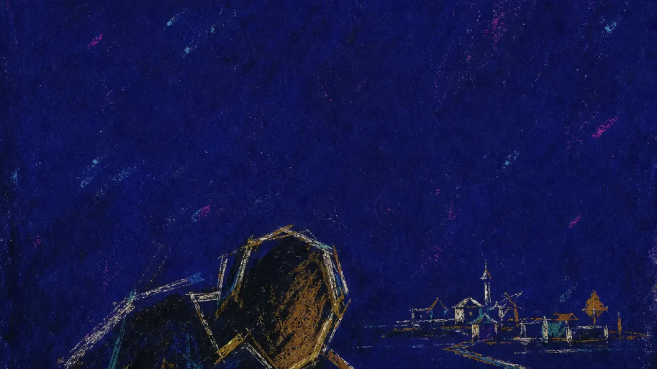 A figure bent over a polished coin at a workbench, with a distant path and town behind them in teal and gold