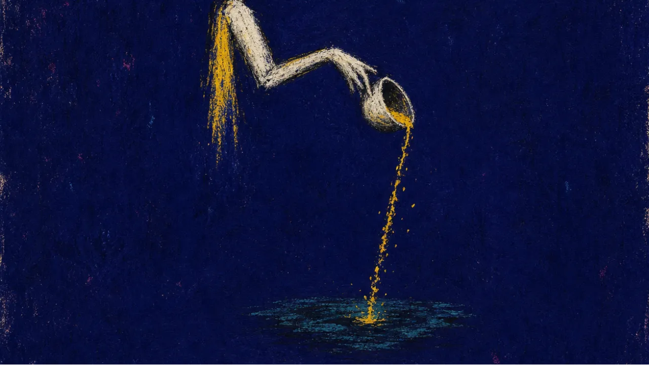 A figure suspended above an open calendar, tilted cup in hand, hot gold stream breaking into cold teal water