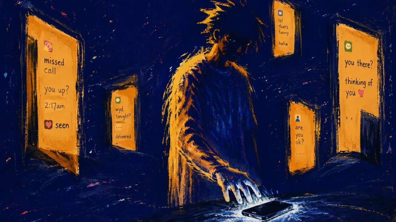 Every Door Left Open A figure enclosed by glowing message windows, one hand above a face-down phone, amber doorway light meeting indigo shadow.