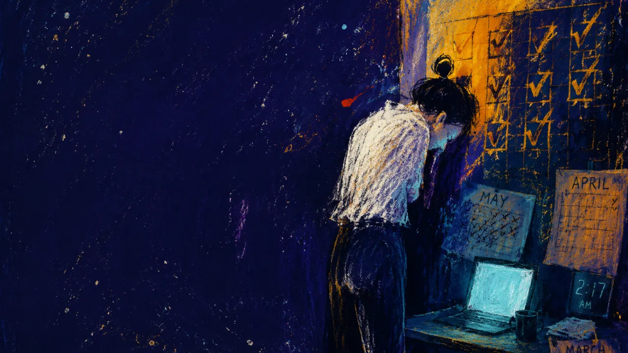 Standing, Yet Cost Unseen A figure stands in a doorless room of checked calendars, amber boxes meeting graphite-blue shadows at one shoulder.