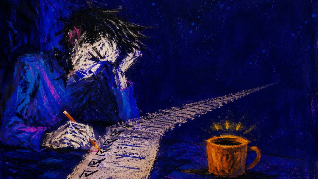 Still Earning the Right to Rest A figure at a late-night desk, hands beside an extending checklist and an untouched amber mug in cold indigo shadow.