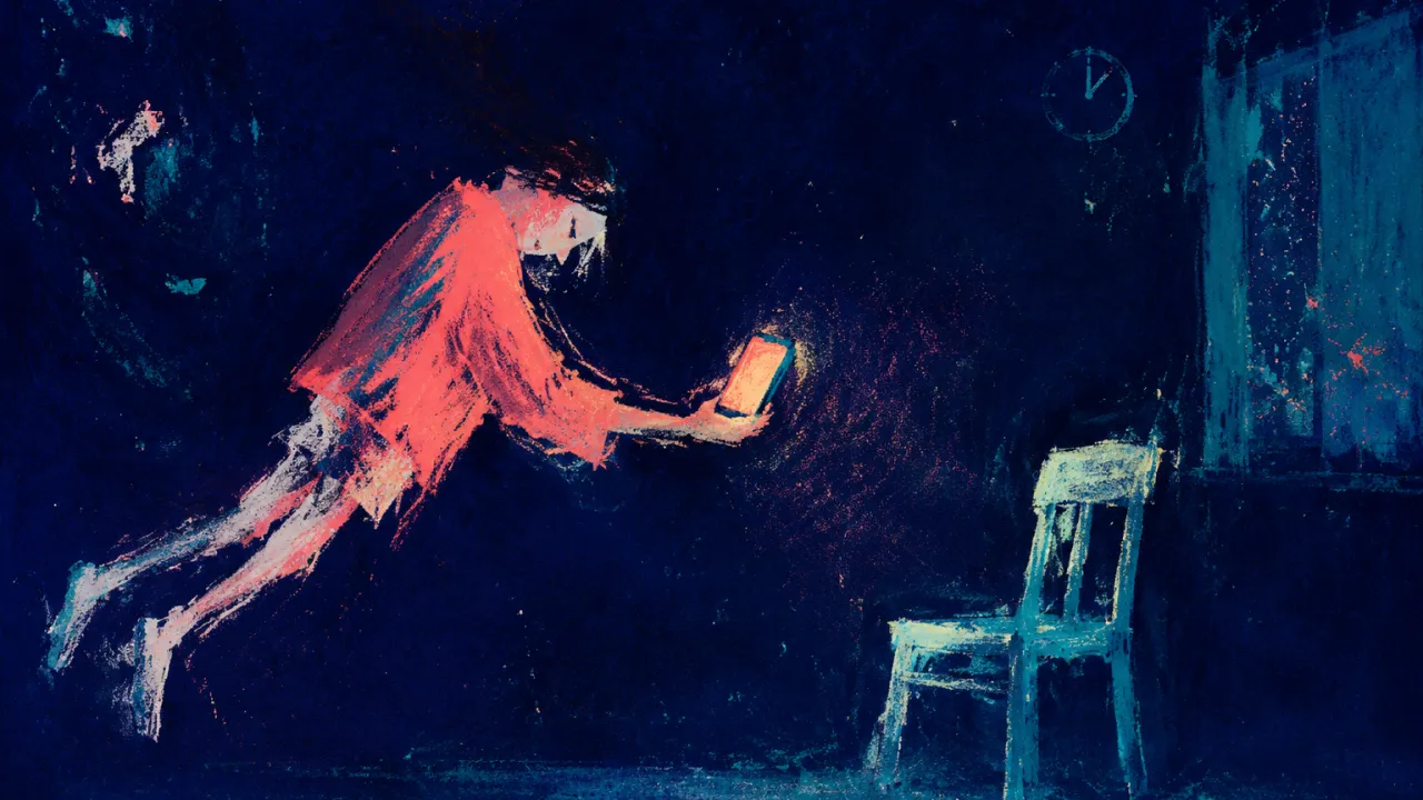 A suspended figure holds a coral-lit phone toward an empty chair as the glow fades into cold teal space.