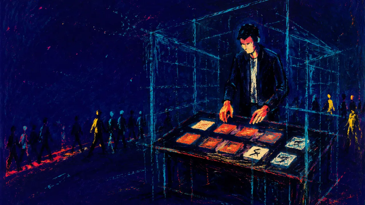 A figure enclosed by transparent grids beside a shared table, hands above coral agenda cards against rigid cyan shadows.