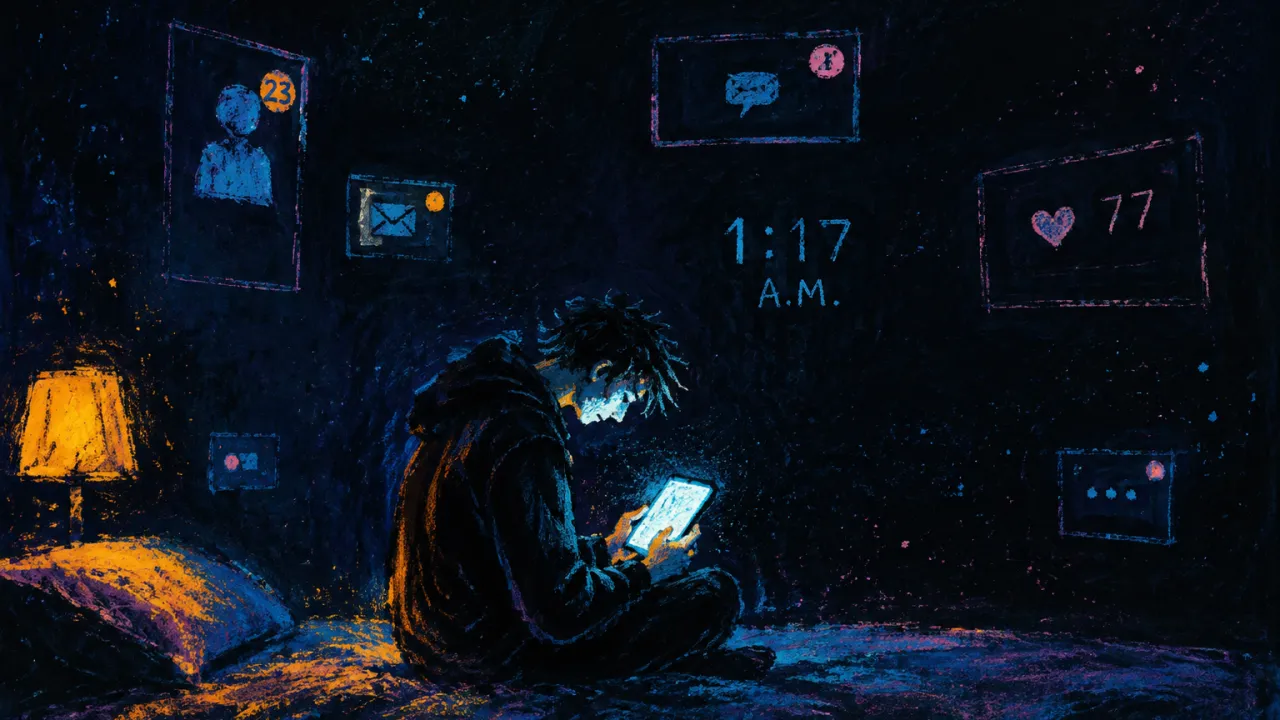 Enclosed by the Next Reply A seated figure enclosed by doorless frames holds a blank cyan-lit phone as amber light stops at the screen.