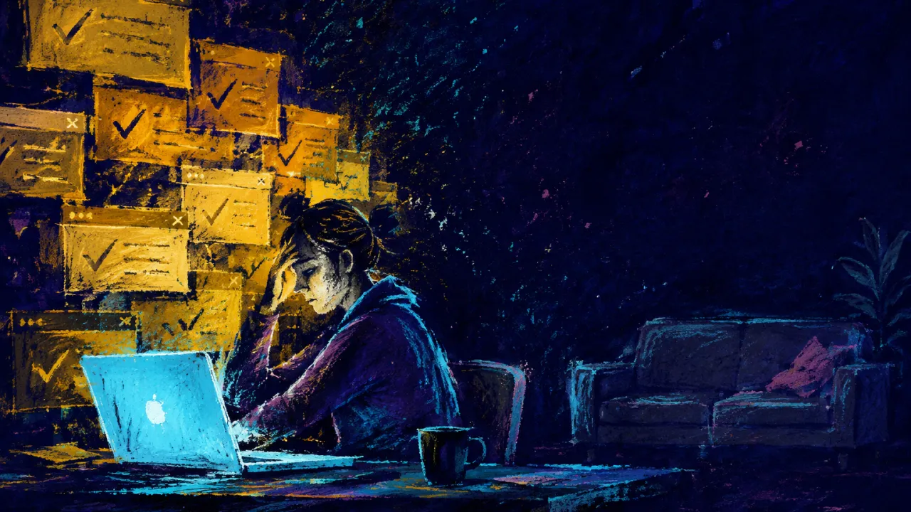Enclosed by What You Finish A figure enclosed by completed task windows beside a glowing laptop, gold light ending at restless hands in cold cyan shadow.