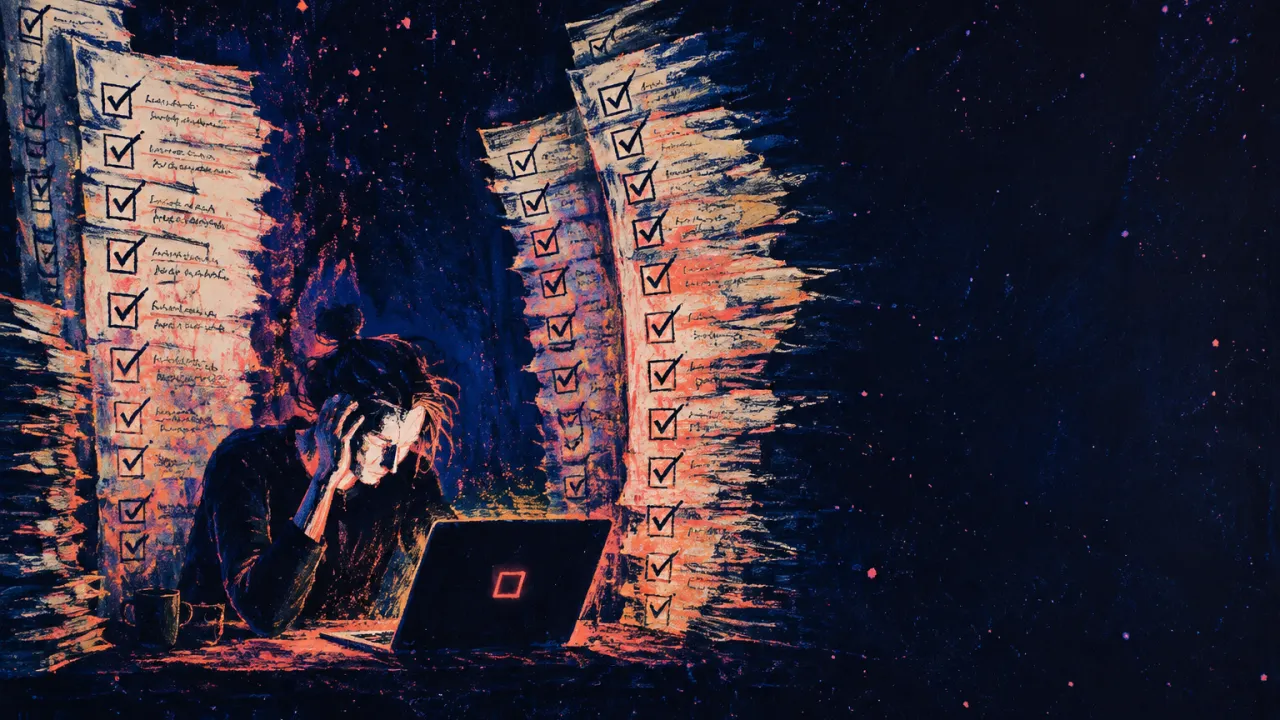 Enclosed by an Unsettled Account A figure enclosed at a midnight desk by walls of completed checklists, with one coral unchecked box against charcoal blue.